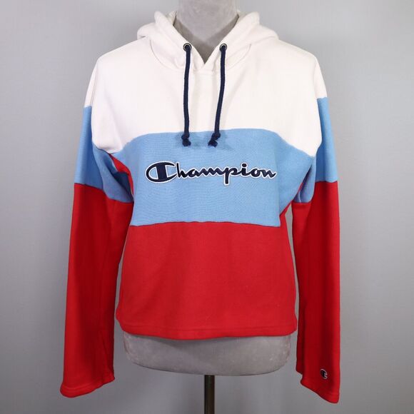 Champion Sweatshirt Womens Medium Reverse Weave Hoodie White Blue Red Logo Crop - Picture 7 of 16